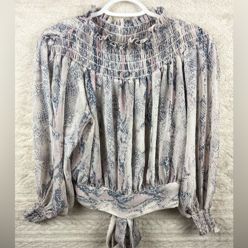 VICI Boho Snake Print Sheer Smocked Blouse Top Small